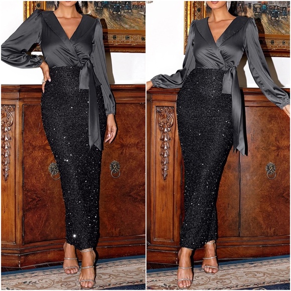 Luxe Satin Sequin Holiday Party Evening Formal Dress - Picture 3 of 9